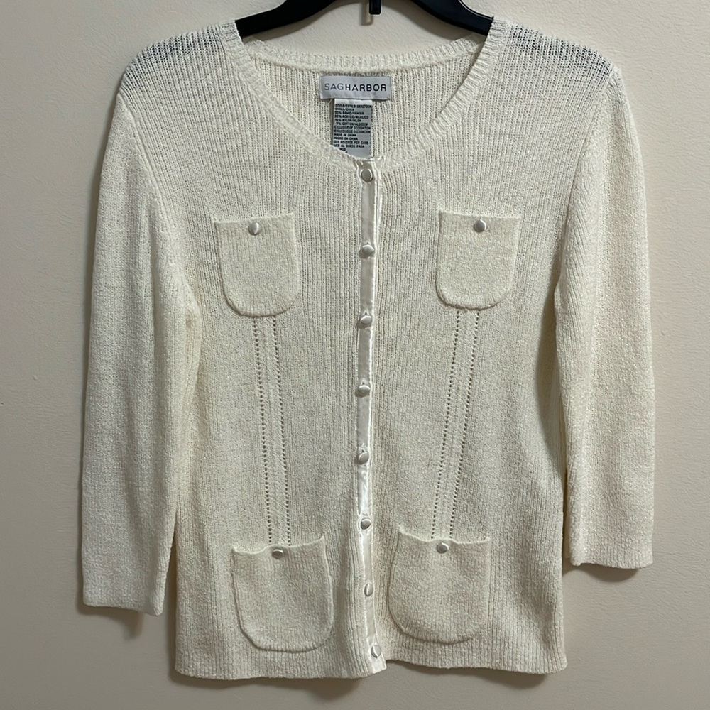 Cardigan Button Sweater Size Small White 3/4 Sleeves Layering Staple Classic